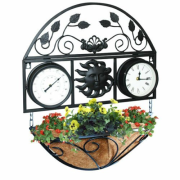 Dekoratívny nástenný kvetináč s hodinami a teplomerom, 67 x 51 cm