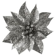 Kvet GlitterPoinsettia, so štipcom,strieborný, 9x8 cm