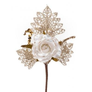Vetvička MagicHome Vianoce, s ružou, bielo - zlatá, 26 cm