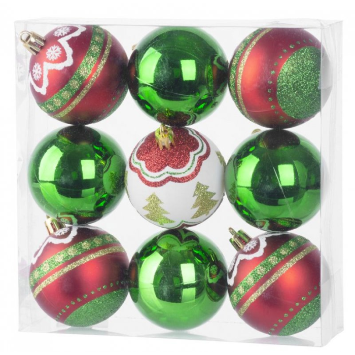 Gule MagicHome Vianoce, 9 ks, 6 cm, červeno - zelené, s dekoráciou, na vianočný stromček